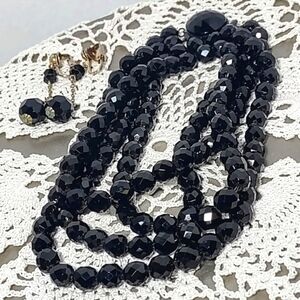 Vintage MCM Jewelry Necklace Dangle Clip on Earrings Set Black Beads Jewelery